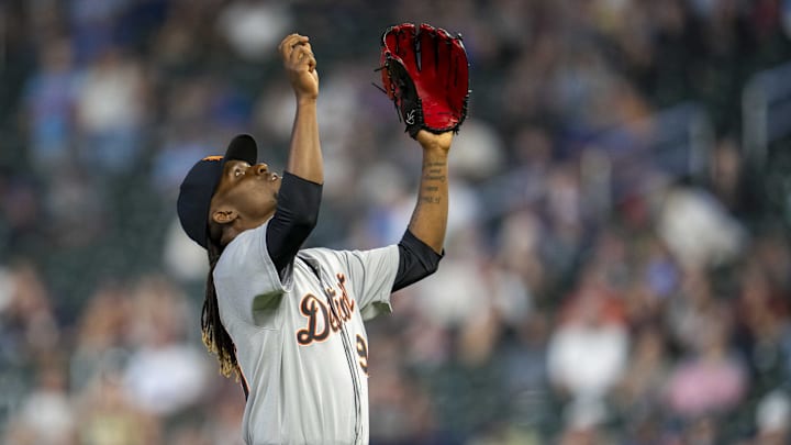 Aug 14, 2025; Minneapolis, Minnesota, USA; Detroit Tigers relief pitcher Rafael Montero (99) celebrates after defeating the Minnesota Twins at Target Field. Mandatory Credit: Jesse Johnson-Imagn Images