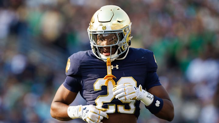 Notre Dame cornerback Christian Gray gets in position during a NCAA college football game between Notre Dame and Stanford at Notre Dame Stadium on Saturday, Oct. 12, 2024, in South Bend.