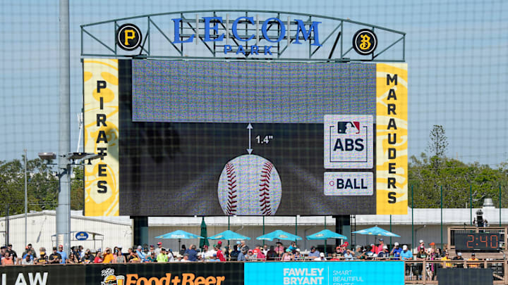 The scoreboard at LECOM Park displays a screen from the ABS challenge system, indicating that a called strike was actually a ball, 1.4” below the strick zone. Major League Baseball is testing an Automated Ball-Stike (ABS) challenge system at select spring training parks. The system allows players to challenge a limited number of ball/stike calls during a game. Calls can be overturned if the pitch tracking technology shows an umpire got a call wrong.