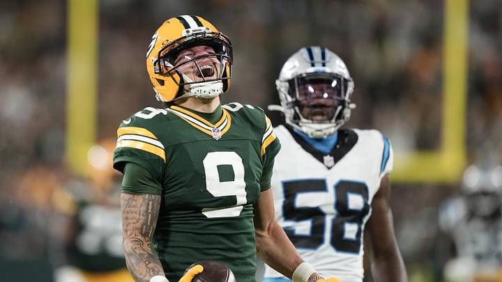 Green Bay Packers wide receiver Christian Watson reacts after making a catch against the Carolina Panthers at Lambeau Field. Green Bay Packers wide receiver Christian Watson reacts after making a catch against the Carolina Panthers at Lambeau Field.