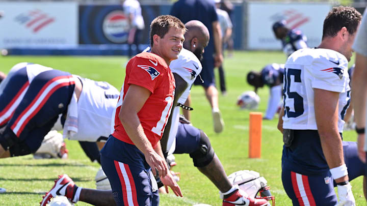 Jul 28, 2025; Foxborough, MA, USA; New England Patriots quarterback Drake Maye (10) warms up during training camp at Gillette Stadium. Mandatory Credit: Eric Canha-Imagn Images