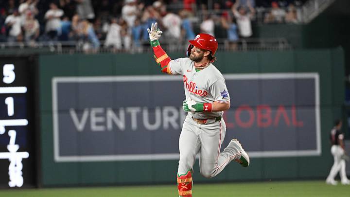 Jun 25, 2026; Washington, District of Columbia, USA; Philadelphia Phillies first baseman Bryce Harper (3) celebrates after hitting a two run home run against the Washington Nationals during the ninth inning at Nationals Park. Mandatory Credit: Brad Mills-Imagn Images