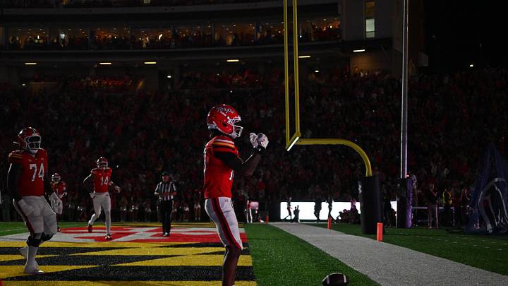 Sep 19, 2026; College Park, Maryland, USA; Maryland Terrapins wide receiver Chris Durr Jr. (13) celebrates while the stadium lights flicker after catching a touchdown pass in the first half against the Virginia Tech Hokies at SECU Stadium. Mandatory Credit: Jamie Sabau-Imagn Images Sep 19, 2026; College Park, Maryland, USA; Maryland Terrapins wide receiver Chris Durr Jr. (13) celebrates while the stadium lights flicker after catching a touchdown pass in the first half against the Virginia Tech Hokies at SECU Stadium. Mandatory Credit: Jamie Sabau-Imagn Images