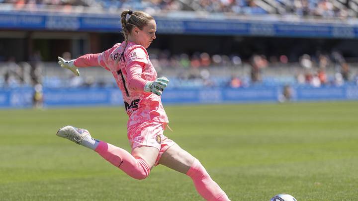 May 10, 2026; San Jose, California, USA;  Utah Royals goalkeeper Mandy McGlynn (1) kicks the ball back into play during the second half against Bay FC at PayPal Park. Mandatory Credit: Stan Szeto-Imagn Images