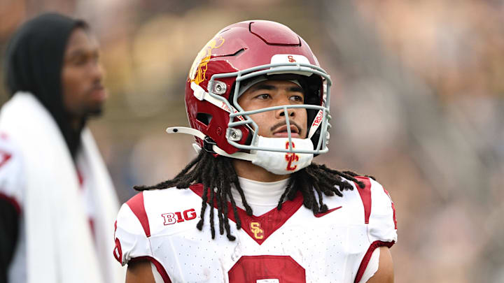 Sep 13, 2025; West Lafayette, Indiana, USA; Southern California Trojans wide receiver Makai Lemon (6) warms up before the game against the Purdue Boilermakers at Ross-Ade Stadium. Mandatory Credit: Marc Lebryk-Imagn Images
