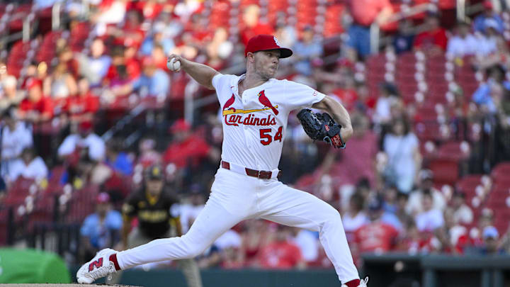 Jul 24, 2025; St. Louis, Missouri, USA;  St. Louis Cardinals starting pitcher Sonny Gray (54) pitches against the San Diego Padres during the first inning at Busch Stadium. Mandatory Credit: Jeff Curry-Imagn Images