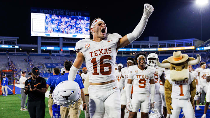 Texas Longhorns defensive back Michael Taaffe celebrates after the game against the Kentucky Wildcats at Kroger Field. 
