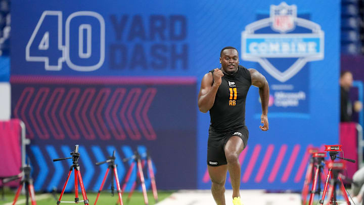 Feb 28, 2026; Indianapolis, IN, USA; Notre Dame running back Jeremiyah Love (RB11) during the NFL Scouting Combine at Lucas Oil Stadium. Mandatory Credit: Kirby Lee-Imagn Images