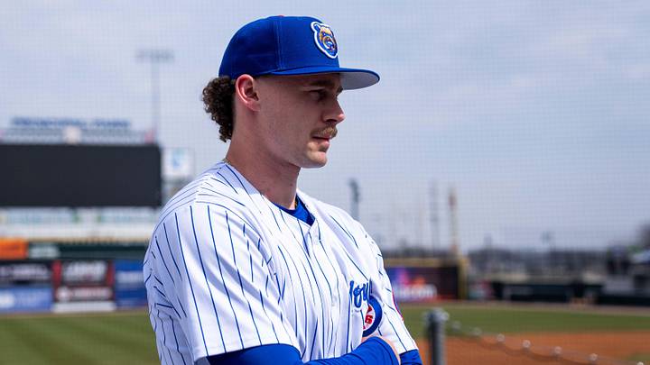Cubs pitcher Jaxon Wiggins speaks with reporters during the Iowa Cubs media day on March 25, 2026, at Principal Park in Des Moines. Cubs pitcher Jaxon Wiggins speaks with reporters during the Iowa Cubs media day on March 25, 2026, at Principal Park in Des Moines.