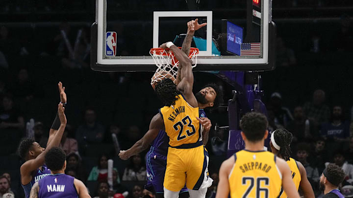 Feb 12, 2024; Charlotte, North Carolina, USA;  Indiana Pacers forward Aaron Nesmith (23) dunks