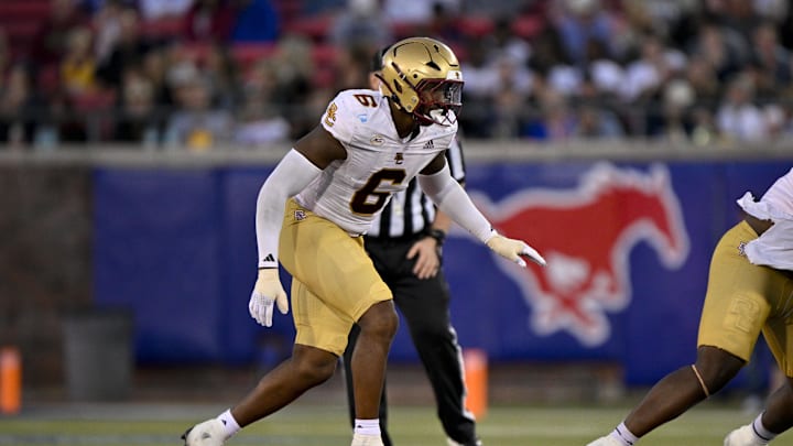 Nov 16, 2024; Dallas, Texas, USA; Boston College Eagles defensive end Donovan Ezeiruaku (6) in action during the game between the SMU Mustangs and the Boston College Eagles at Gerald J. Ford Stadium. Mandatory Credit: Jerome Miron-Imagn Images