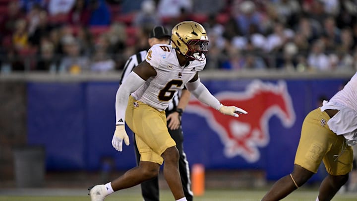 Nov 16, 2024; Dallas, Texas, USA; Boston College Eagles defensive end Donovan Ezeiruaku (6) in action during the game between the SMU Mustangs and the Boston College Eagles at Gerald J. Ford Stadium. Mandatory Credit: Jerome Miron-Imagn Images