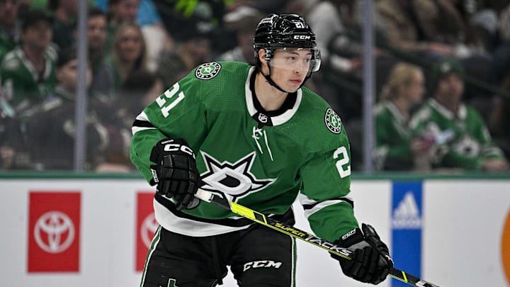 Mar 20, 2024; Dallas, Texas, USA; Dallas Stars left wing Jason Robertson (21) skates against the