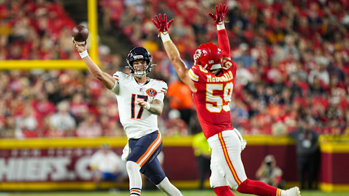 Aug 22, 2025; Kansas City, Missouri, USA; Chicago Bears quarterback Tyson Bagent (17) throws a pass Kansas City Chiefs linebacker Cooper McDonald (59) during the second half at GEHA Field at Arrowhead Stadium. Mandatory Credit: Jay Biggerstaff-Imagn Images