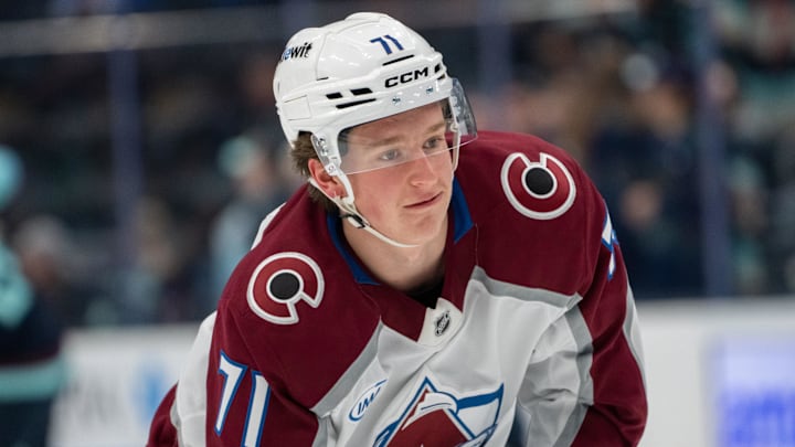 Oct 22, 2024; Seattle, Washington, USA;  Colorado Avalanche forward Calum Ritchie (71) is pictured before a game against the Seattle Kraken at Climate Pledge Arena. Mandatory Credit: Stephen Brashear-Imagn Images