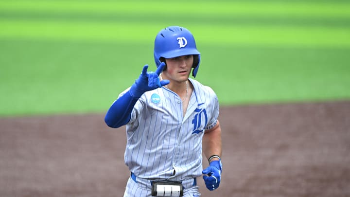 Jun 8, 2025; Durham, NC, USA; Duke Blue Devils catcher Macon Winslow (6) runs to home after hitting a home run in the sixth inning against the Murray State Racers during the Durham Super Regionals at Jack Coombs Field.  Mandatory Credit: Zachary Taft-Imagn Images