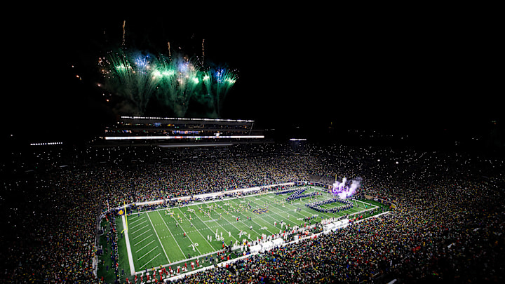 Notre Dame takes the field for the first round of the College Football Playoff between Notre Dame and Indiana at Notre Dame Stadium on Friday, Dec. 20, 2024, in South Bend.
