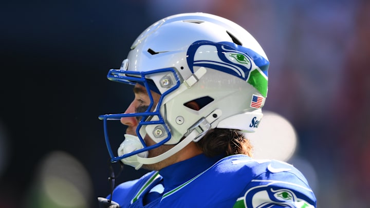 Oct 5, 2025; Seattle, Washington, USA;  Seattle  wide receiver Jake Bobo (19) wearing the Seahawks throw back helmet prior to a game against the Tampa Bay Buccaneers at Lumen Field. Mandatory Credit: Steven Bisig-Imagn Images