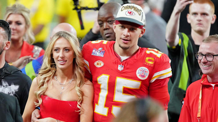 Kansas City Chiefs quarterback Patrick Mahomes (15) and his wife Brittany Mahomes walk off the field after winning Super Bowl LVIII against the San Francisco 49ers at Allegiant Stadium. Kansas City Chiefs quarterback Patrick Mahomes (15) and his wife Brittany Mahomes walk off the field after winning Super Bowl LVIII against the San Francisco 49ers at Allegiant Stadium.