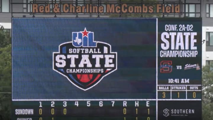A view of the scoreboard at McCombs Field during the 2025 softball state championships in Austin.