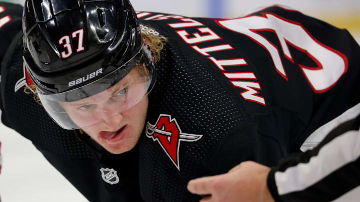 Dec 9, 2023; Buffalo, New York, USA;  Buffalo Sabres center Casey Mittelstadt (37) waits for the