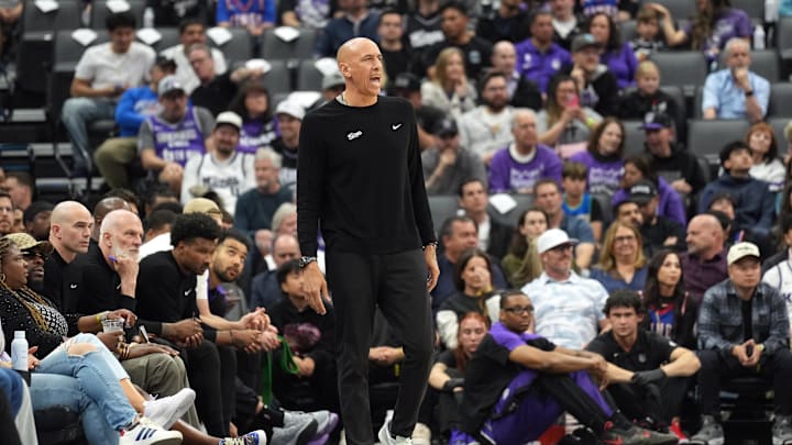 Mar 22, 2025; Sacramento, California, USA; Sacramento Kings interim head coach Doug Christie yells during the first quarter against the Milwaukee Bucks at Golden 1 Center. Mandatory Credit: Darren Yamashita-Imagn Images