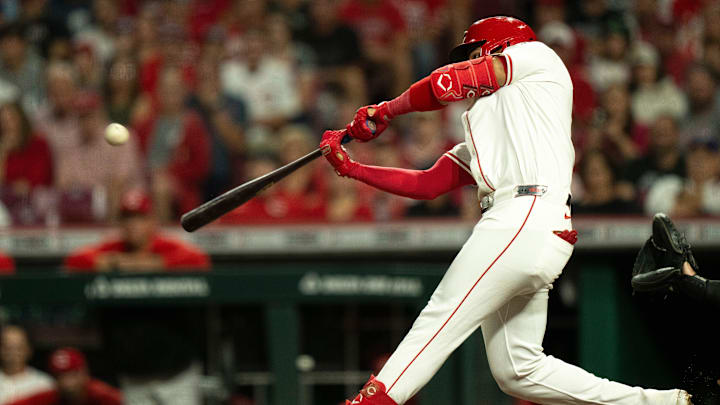 Cincinnati Reds right fielder Noelvi Marte (16) hits an inside the park home run in the eighth inning between Cincinnati Reds and Pittsburg Pirates at Great American Ball Park in Cincinnati on Sept. 24, 2025.