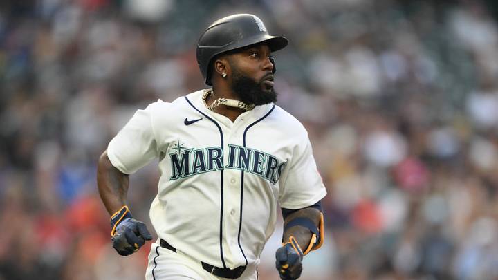 Aug 4, 2026; Seattle, Washington, USA; Seattle Mariners left fielder Randy Arozarena (56) runs towards first base after hitting a single against the Detroit Tigers during the fourth inning at T-Mobile Park. Mandatory Credit: Steven Bisig-Imagn Images