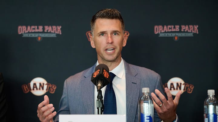 Oct 1, 2024; San Francisco, CA, USA; San Francisco Giants president of baseball operations Buster Posey addresses the media during an introductory press conference at Oracle Park.  Mandatory Credit: Robert Edwards-Imagn Images