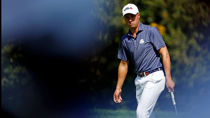 Justin Thomas on the 14th green during a practice round of the Ryder Cup golf tournament at Bethpage Black. 