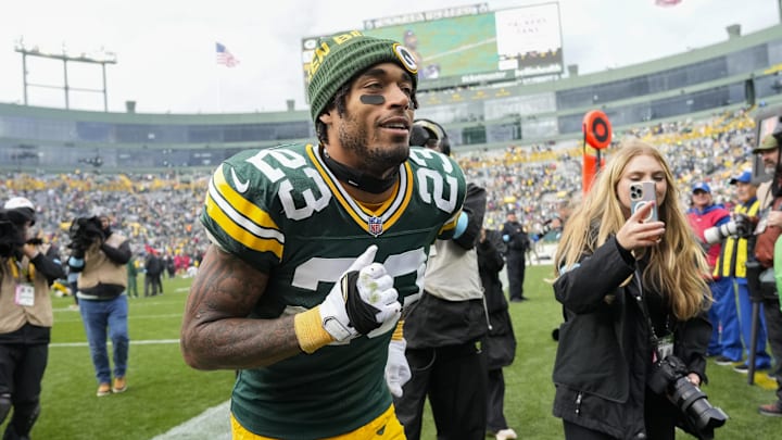 Oct 13, 2024; Green Bay, Wisconsin, USA;  Green Bay Packers cornerback Jaire Alexander (23) following the game against the Arizona Cardinals at Lambeau Field. Mandatory Credit: Jeff Hanisch-Imagn Images