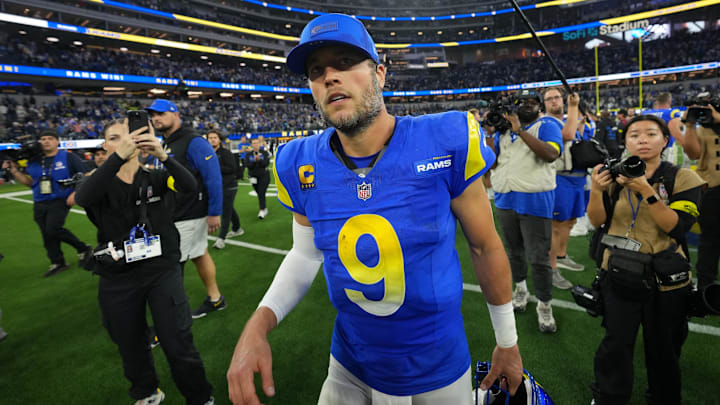 Dec 14, 2025; Inglewood, California, USA; Los Angeles Rams quarterback Matthew Stafford (9) walks off the field after the game against the Detroit Lions at SoFi Stadium. Dec 14, 2025; Inglewood, California, USA; Los Angeles Rams quarterback Matthew Stafford (9) walks off the field after the game against the Detroit Lions at SoFi Stadium.