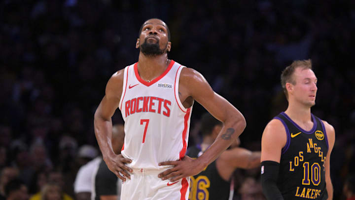 Apr 21, 2026; Los Angeles, California, USA; Houston Rockets forward Kevin Durant (7) looks on from the court in the second half of game two of the first round of the 2026 NBA Playoffs against the Los Angeles Lakers at Crypto.com Arena. Mandatory Credit: Jayne Kamin-Oncea-Imagn Images