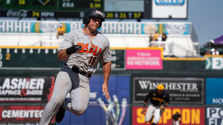 Oregon State's Wilson Weber runs to third base during game 2 of Iowa vs. Oregon State baseball at Principal Park on May 10, 2025, in Des Moines.