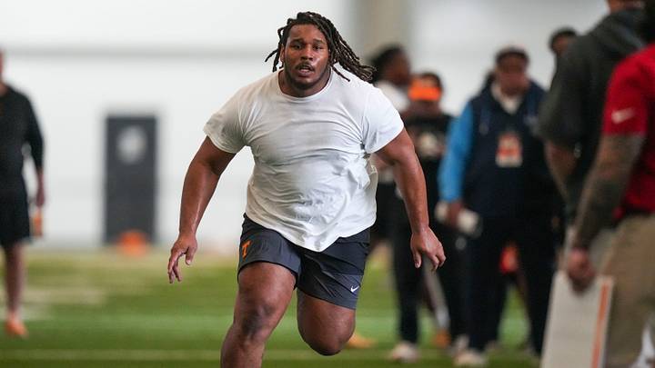 Bryson Eason runs during Tennessee Football Pro Day 2026, at University of Tennessee on March 31, 2026.