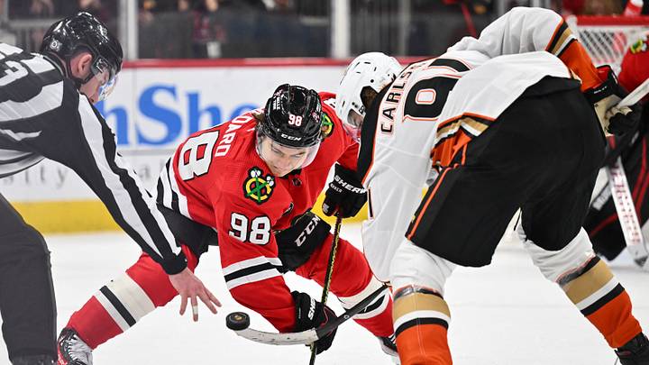 Dec 7, 2023; Chicago, Illinois, USA; Chicago Blackhawks forward Connor Bedard (98) takes a face off against Anaheim Ducks forward Leo Carlsson (91) in the second period at United Center. Mandatory Credit: Jamie Sabau-USA TODAY Sports Dec 7, 2023; Chicago, Illinois, USA; Chicago Blackhawks forward Connor Bedard (98) takes a face off against Anaheim Ducks forward Leo Carlsson (91) in the second period at United Center. Mandatory Credit: Jamie Sabau-USA TODAY Sports