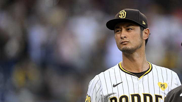 Oct 1, 2024; San Diego, California, USA; San Diego Padres pitcher Yu Darvish (11) before game one of the Wildcard round for the 2024 MLB Playoffs against the Atlanta Braves at Petco Park. Mandatory Credit: Denis Poroy-Imagn Images Oct 1, 2024; San Diego, California, USA; San Diego Padres pitcher Yu Darvish (11) before game one of the Wildcard round for the 2024 MLB Playoffs against the Atlanta Braves at Petco Park. Mandatory Credit: Denis Poroy-Imagn Images