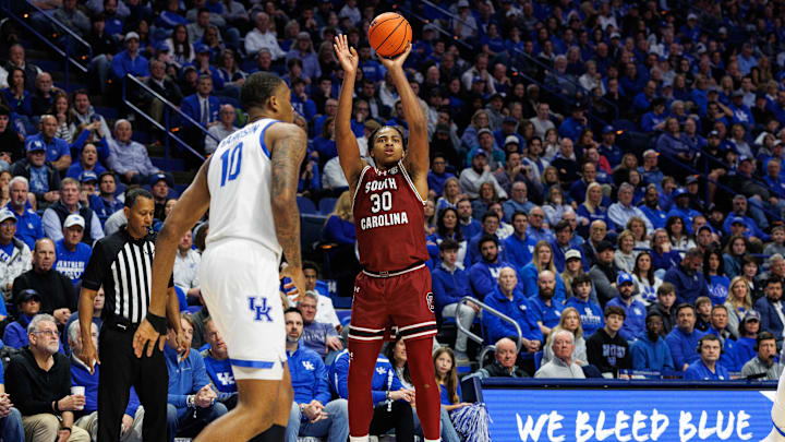 Feb 8, 2025; Lexington, Kentucky, USA; South Carolina Gamecocks forward Collin Murray-Boyles (30) shoots the ball during the first half against the Kentucky Wildcats at Rupp Arena at Central Bank Center. Mandatory Credit: Jordan Prather-Imagn Images