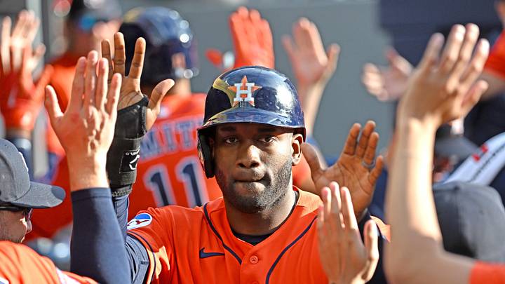 Jun 23, 2026; Toronto, Ontario, CAN;  Houston Astros designated hitter Yordan Alvarez (44) celebrates with team mates in the dugout after scoring a run against the Toronto Blue Jays in the ninth inning at Rogers Centre. Mandatory Credit: Dan Hamilton-Imagn Images