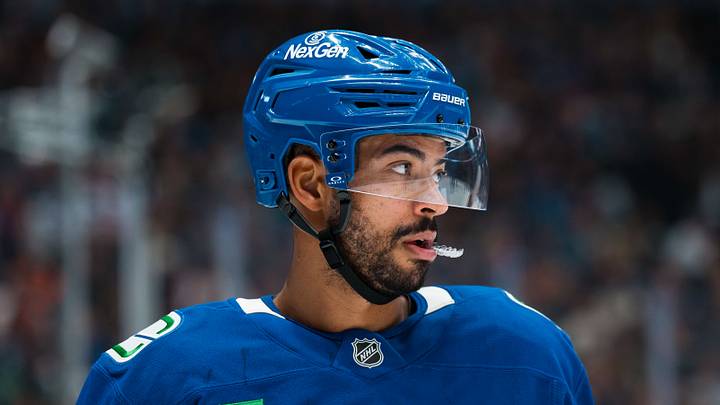 Dec 30, 2025; Vancouver, British Columbia, CAN; Vancouver Canucks defenseman Pierre-Olivier Joseph (7) during a stop in play against the Philadelphia Flyers in the first period at Rogers Arena. Mandatory Credit: Bob Frid-Imagn Images Dec 30, 2025; Vancouver, British Columbia, CAN; Vancouver Canucks defenseman Pierre-Olivier Joseph (7) during a stop in play against the Philadelphia Flyers in the first period at Rogers Arena. Mandatory Credit: Bob Frid-Imagn Images