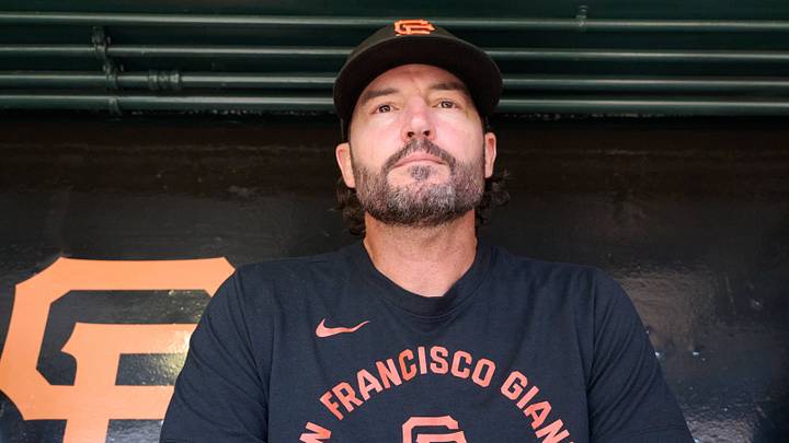 Sep 13, 2026; San Francisco, California, USA; San Francisco Giants manager Tony Vitello (23) speaks to the media in the dugout before a game against the San Diego Padres at Oracle Park. Mandatory Credit: Robert Edwards-Imagn Images