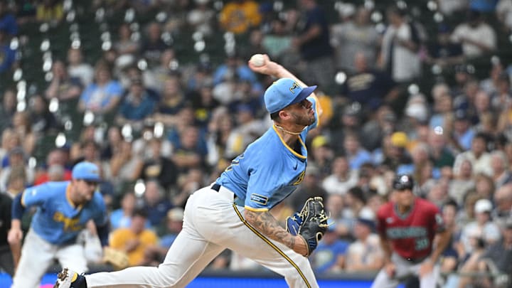 Milwaukee Brewers pitcher DL Hall (37) delivers a pitch against the Arizona Diamondbacks in the fifth inning at American Family Field in 2024.