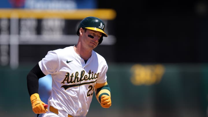 Jun 9, 2024; Oakland, California, USA; Oakland Athletics designated hitter Brent Rooker (25) rounds the bases after hitting a home run against the Toronto Blue Jays during the sixth inning at Oakland-Alameda County Coliseum. Mandatory Credit: Darren Yamashita-USA TODAY Sports Jun 9, 2024; Oakland, California, USA; Oakland Athletics designated hitter Brent Rooker (25) rounds the bases after hitting a home run against the Toronto Blue Jays during the sixth inning at Oakland-Alameda County Coliseum. Mandatory Credit: Darren Yamashita-USA TODAY Sports