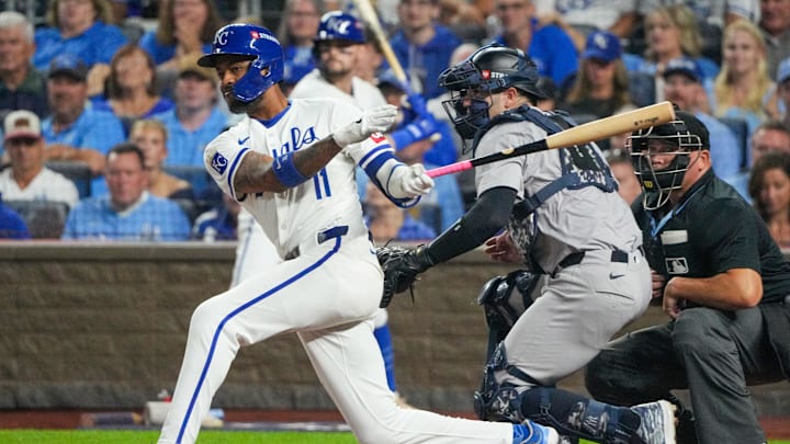 Oct 10, 2024; Kansas City, Missouri, USA; Kansas City Royals third baseman Maikel Garcia (11) at bat against the New York Yankees during game four of the NLDS for the 2024 MLB Playoffs at Kauffman Stadium. Mandatory Credit: Denny Medley-Imagn Images Oct 10, 2024; Kansas City, Missouri, USA; Kansas City Royals third baseman Maikel Garcia (11) at bat against the New York Yankees during game four of the NLDS for the 2024 MLB Playoffs at Kauffman Stadium. Mandatory Credit: Denny Medley-Imagn Images