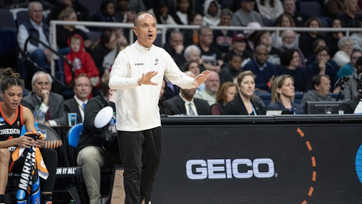 Mar 29, 2024; Albany, NY, USA; Oregon State Beavers head coach Scott Rueck speaks to his players on the court during the first half in the semifinals of the Albany Regional of the 2024 NCAA Tournament at the MVP Arena at MVP Arena. Mandatory Credit: Gregory Fisher-Imagn Images Mar 29, 2024; Albany, NY, USA; Oregon State Beavers head coach Scott Rueck speaks to his players on the court during the first half in the semifinals of the Albany Regional of the 2024 NCAA Tournament at the MVP Arena at MVP Arena. Mandatory Credit: Gregory Fisher-Imagn Images
