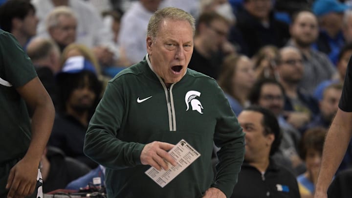 Feb 4, 2025; Los Angeles, California, USA; Michigan State Spartans head coach Tom Izzo reacts in the second half against the UCLA Bruins at Pauley Pavilion presented by Wescom. Mandatory Credit: Jayne Kamin-Oncea-Imagn Images