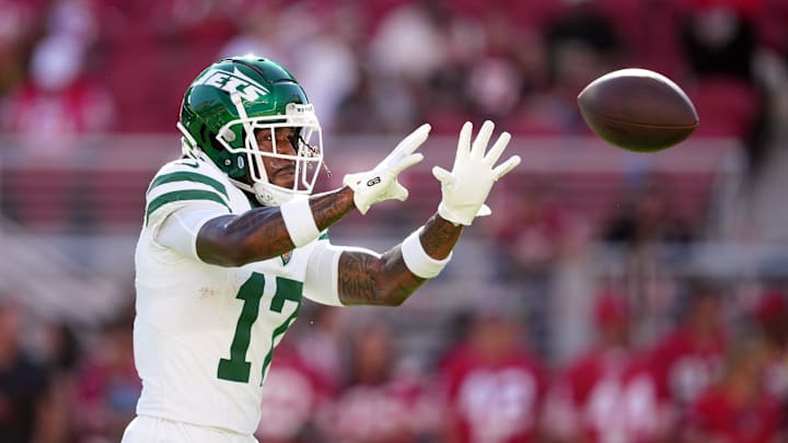 Sep 9, 2024; Santa Clara, California, USA; New York Jets wide receiver Malachi Corley (17) warms up before the game against the San Francisco 49ers at Levi's Stadium. Mandatory Credit: Darren Yamashita-Imagn Images