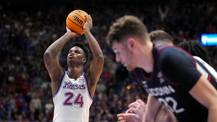 Dec 1, 2023; Lawrence, Kansas, USA; Kansas Jayhawks forward K.J. Adams Jr. (24) shoots a free throw