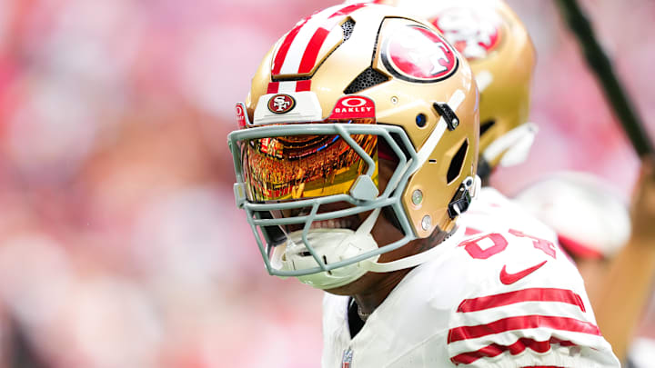 Nov 16, 2025; Glendale, Arizona, USA; San Francisco 49ers wide receiver Kendrick Bourne (84) shakes hands with wide receiver Demarcus Robinson (5) before the game against the Arizona Cardinals at State Farm Stadium. Mandatory Credit: Joe Camporeale-Imagn Images