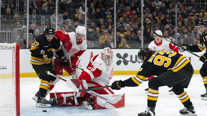 Jan 13, 2026; Boston, Massachusetts, USA; Boston Bruins center Fraser Minten (93) scores a goal during the third period against the Detroit Red Wings at TD Garden. Mandatory Credit: Natalie Reid-Imagn Images